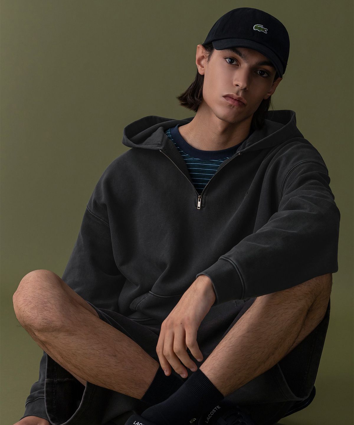 라코스테(LACOSTE) 남성 가먼트다잉 하프집업 후드 [그레이]