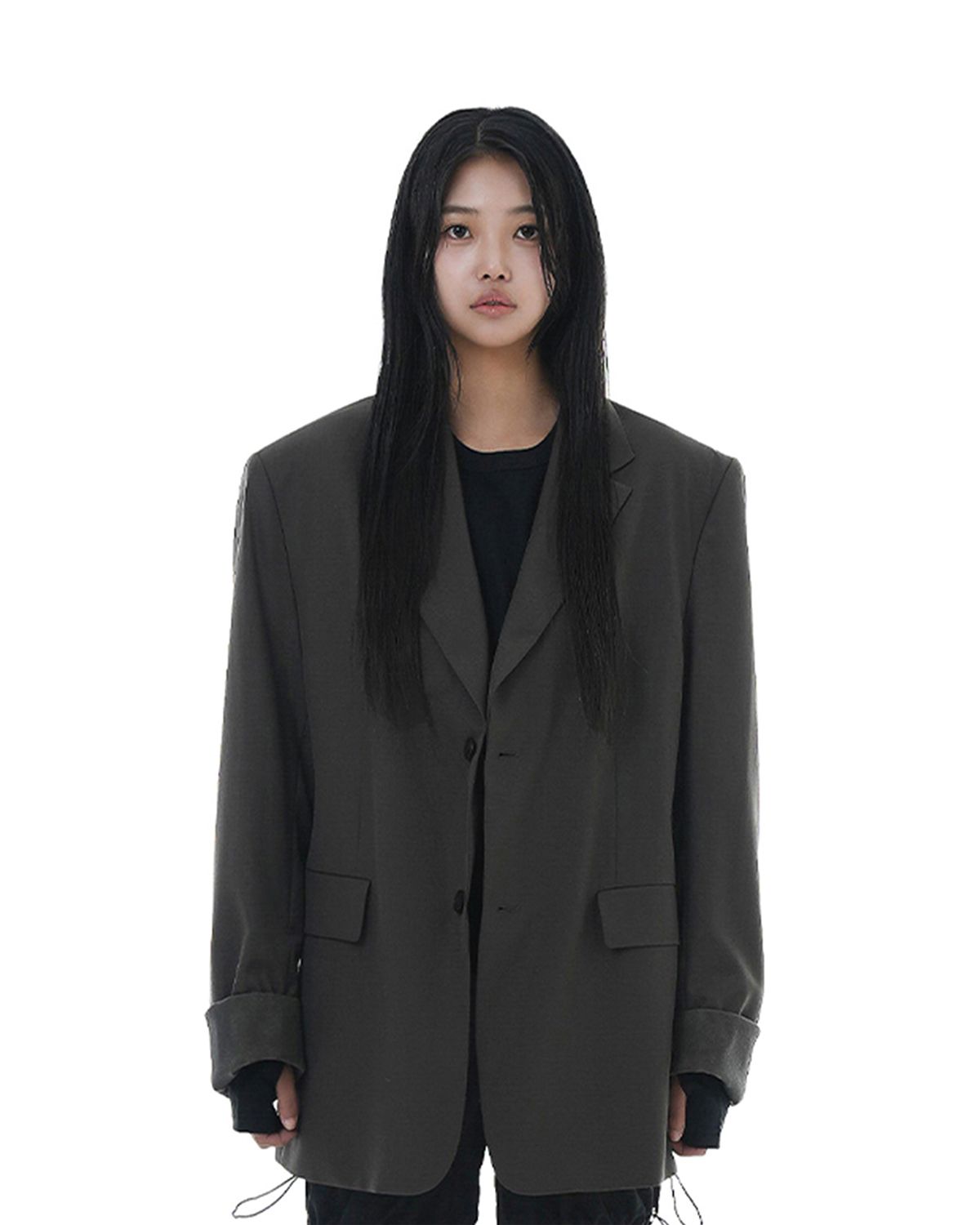 헤오진(HEOJIN) 레더 리빌 슬리브 울 블레이저_카키브라운