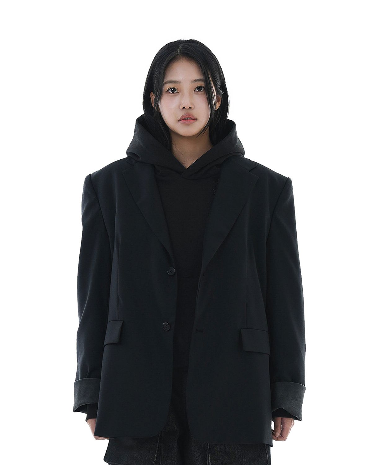 헤오진(HEOJIN) 레더 리빌 슬리브 울 블레이저_블랙