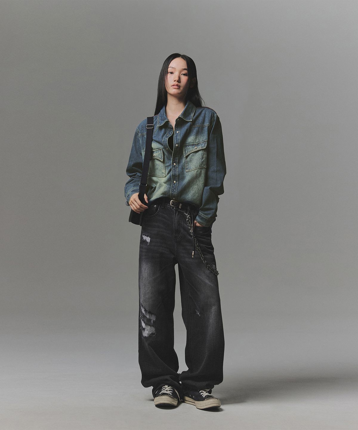 낫포너드(NOT4NERD) Paneled Suede Western Denim Shirt - Deep Blue