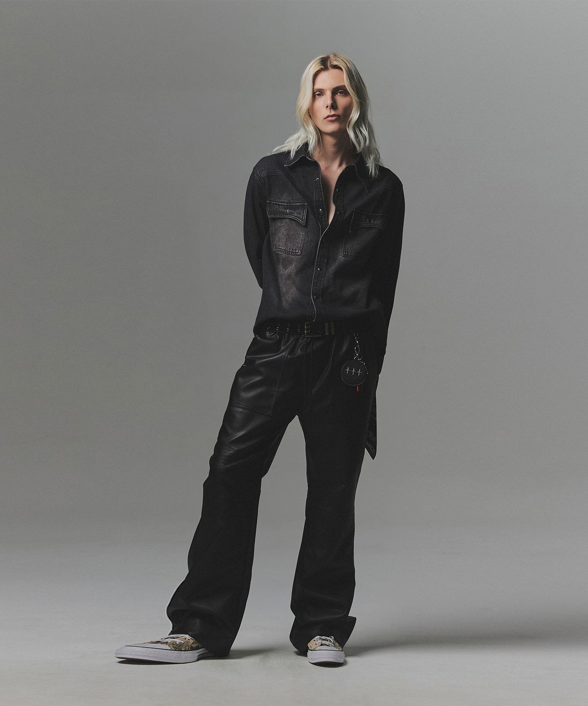 낫포너드(NOT4NERD) Paneled Suede Western Denim Shirt - Black