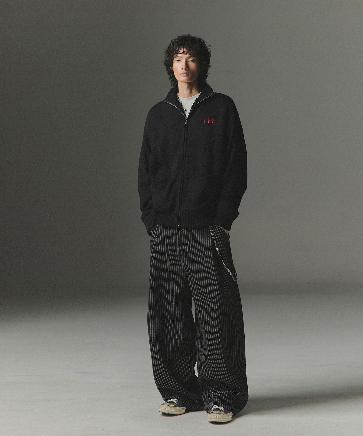 낫포너드(NOT4NERD) Waist Buckle Stripe Wide Fit Denim Pants - Black