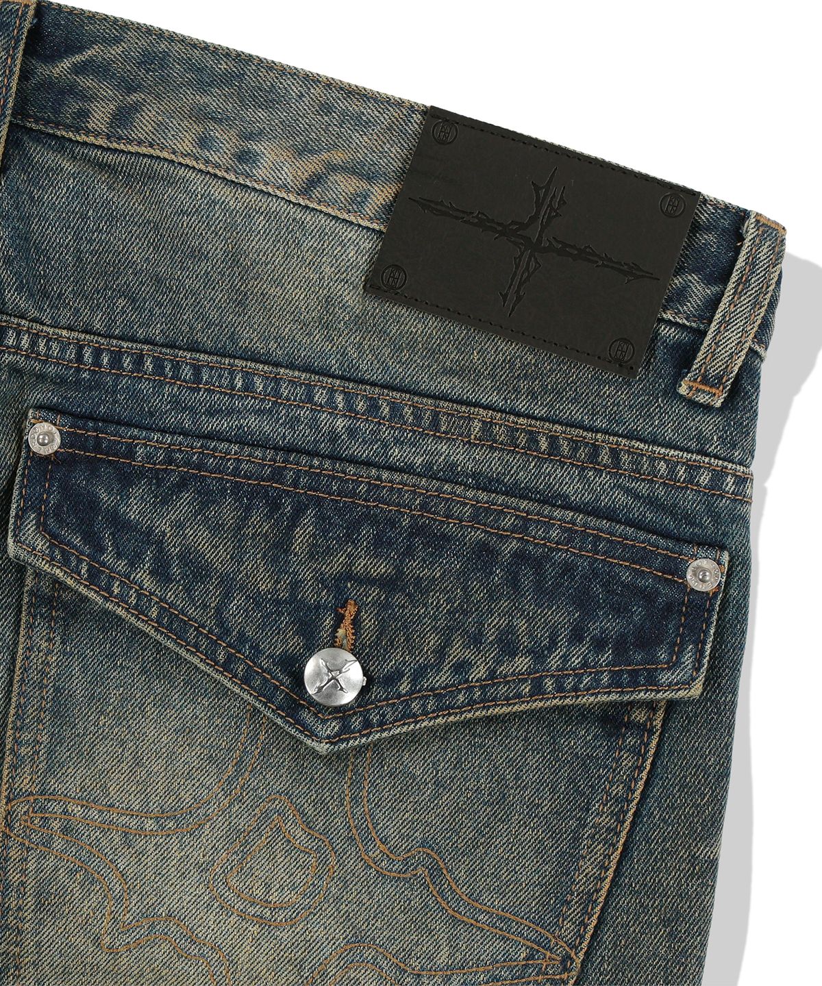 낫포너드(NOT4NERD) Symbol Stitch Low Rise Flare Fit Denim Pants - Deep Blue