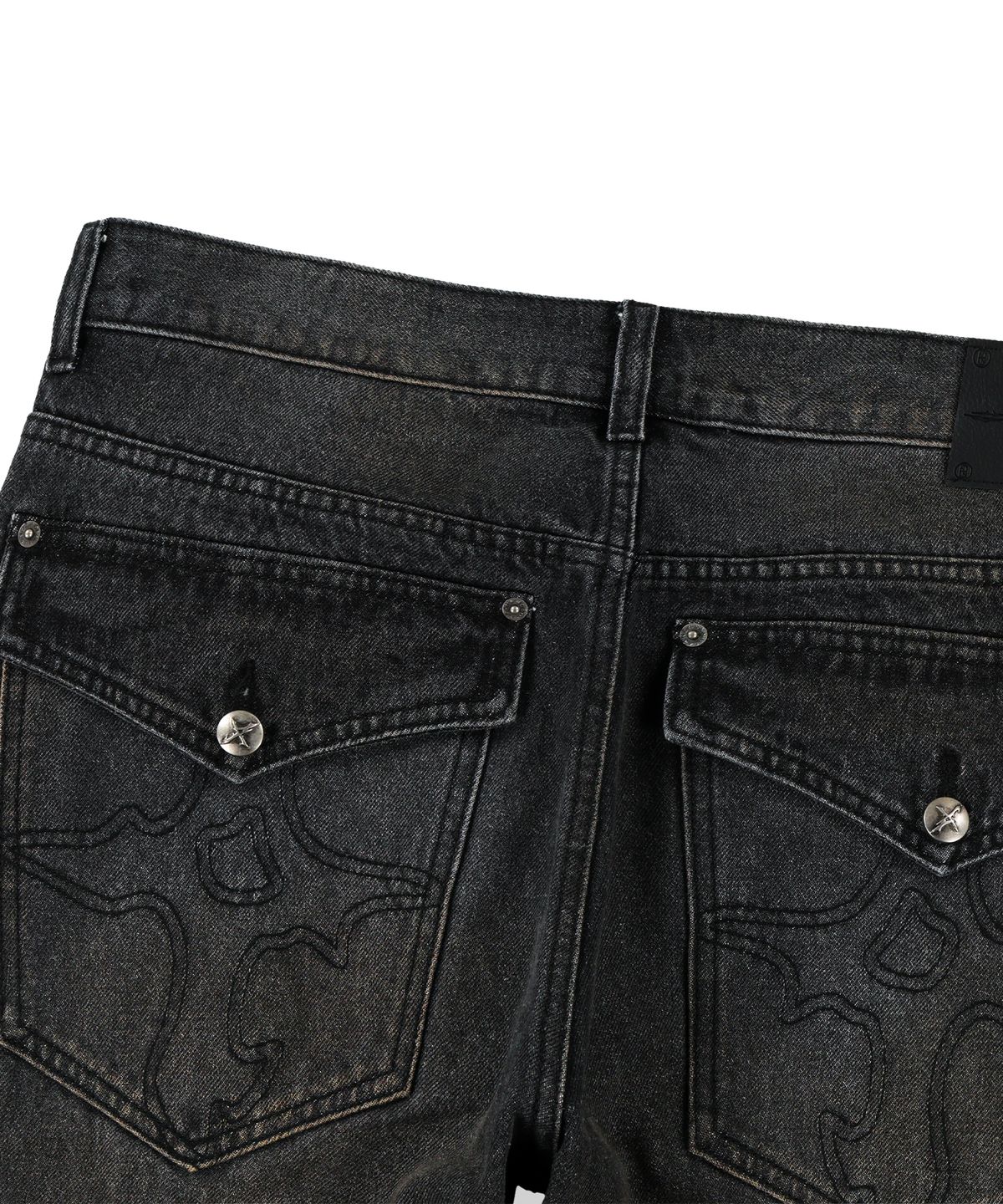 낫포너드(NOT4NERD) Symbol Stitch Low Rise Flare Fit Denim Pants - Black