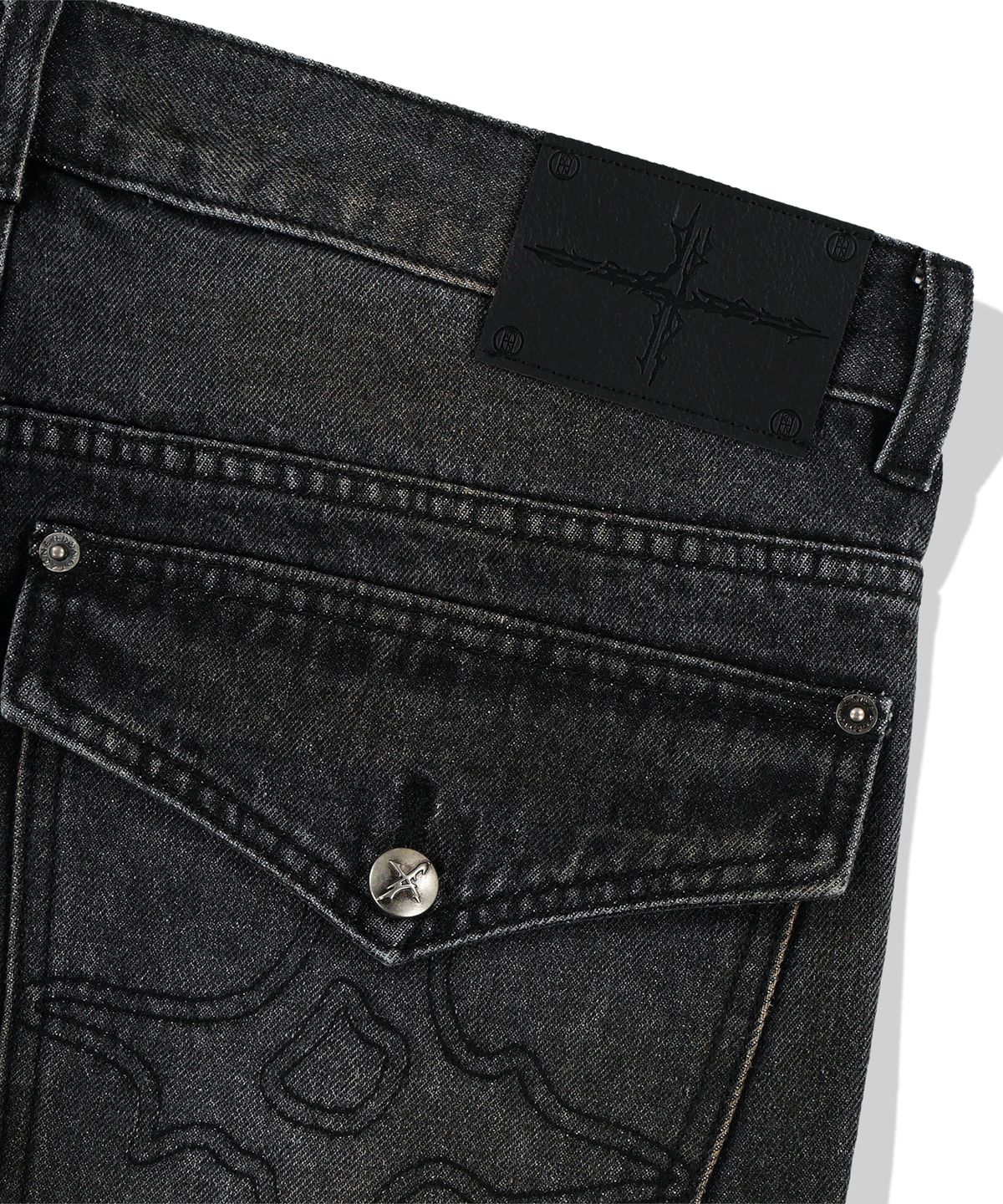 낫포너드(NOT4NERD) Symbol Stitch Low Rise Flare Fit Denim Pants - Black
