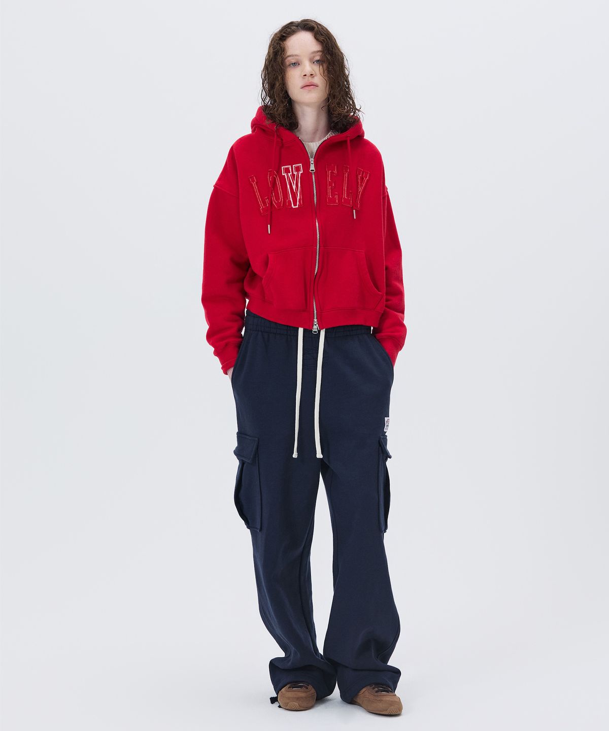 노앙(NOHANT) LONELY/LOVELY CROP HOODIE ZIP-UP RED