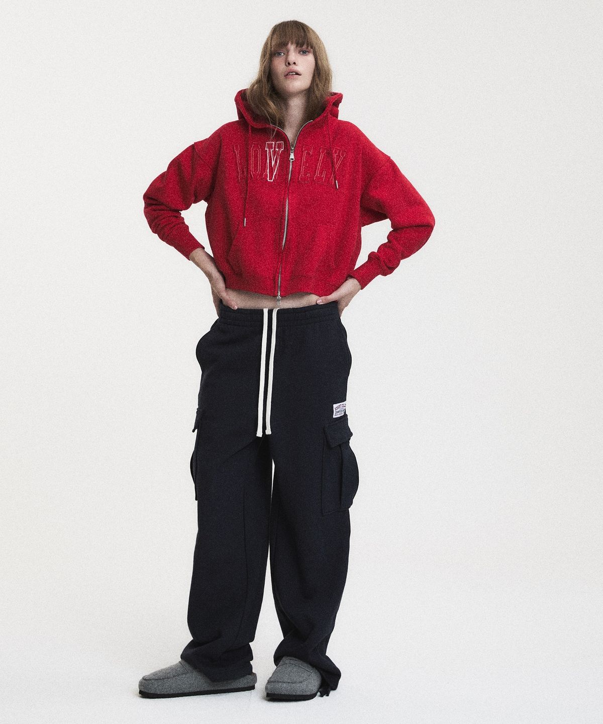 노앙(NOHANT) LONELY/LOVELY CROP HOODIE ZIP-UP RED
