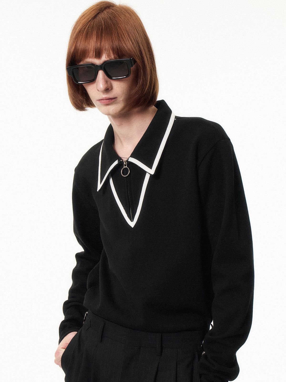 쿠르베(COURBE) Long Sleeve Zip Polo Shirt (Black)