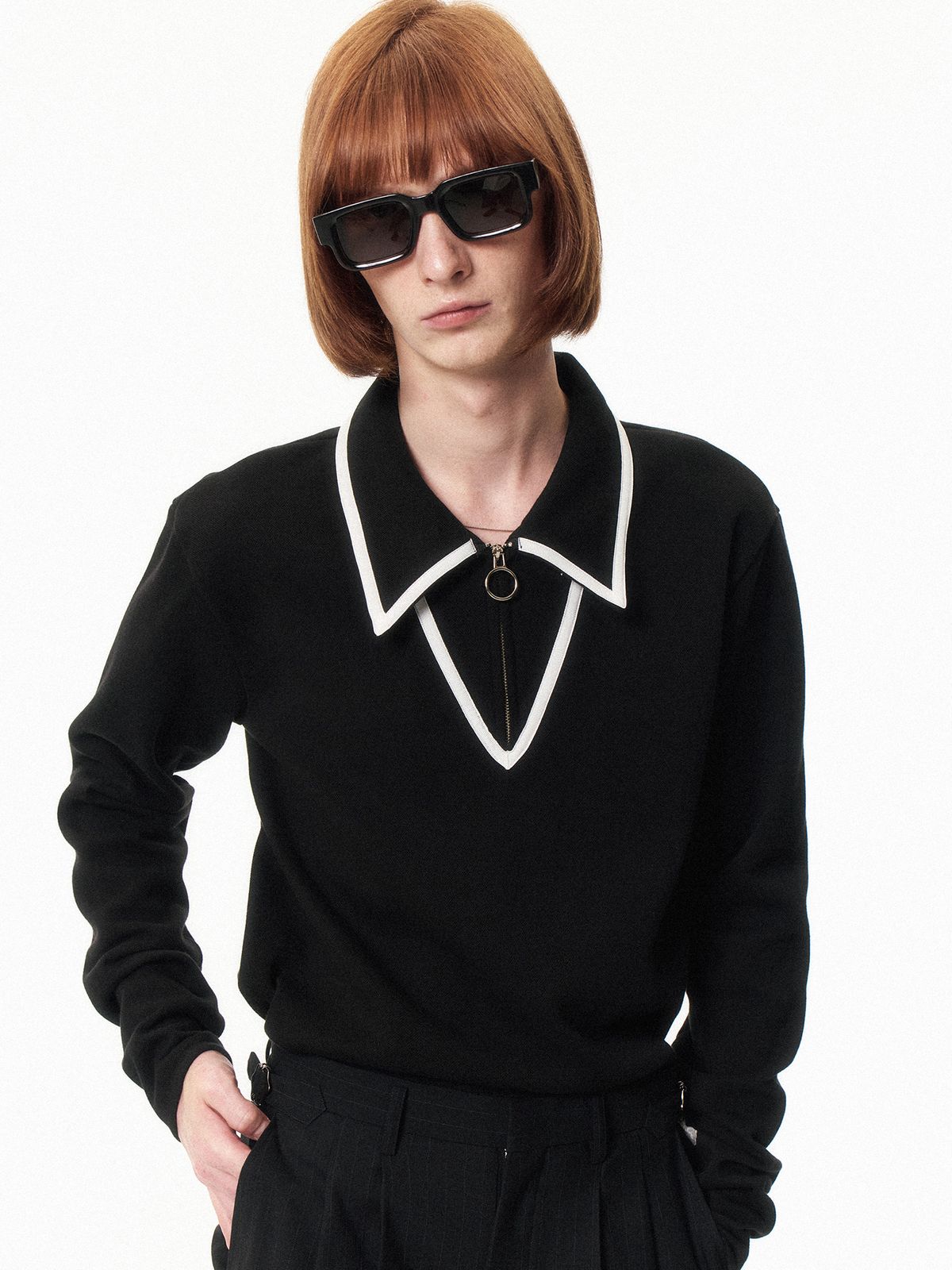 쿠르베(COURBE) Long Sleeve Zip Polo Shirt (Black)