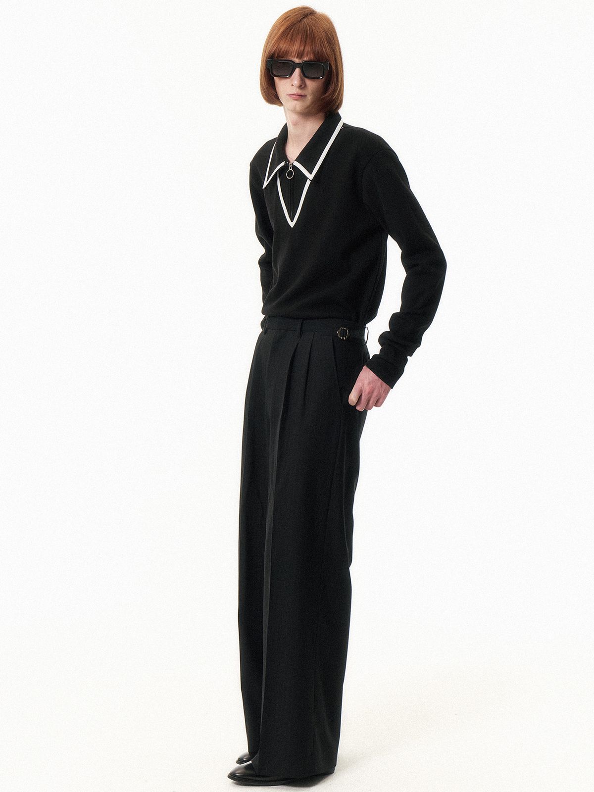 쿠르베(COURBE) Long Sleeve Zip Polo Shirt (Black)