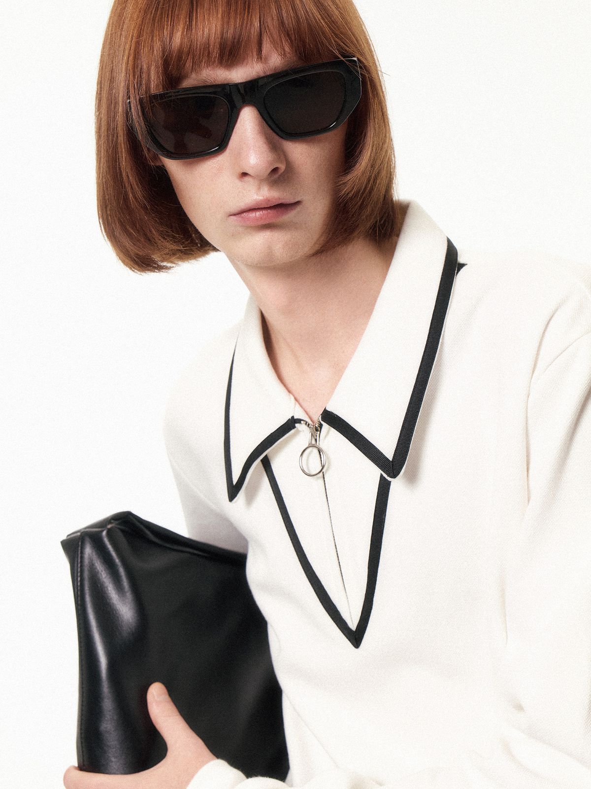 쿠르베(COURBE) Long Sleeve Zip Polo Shirt (White)