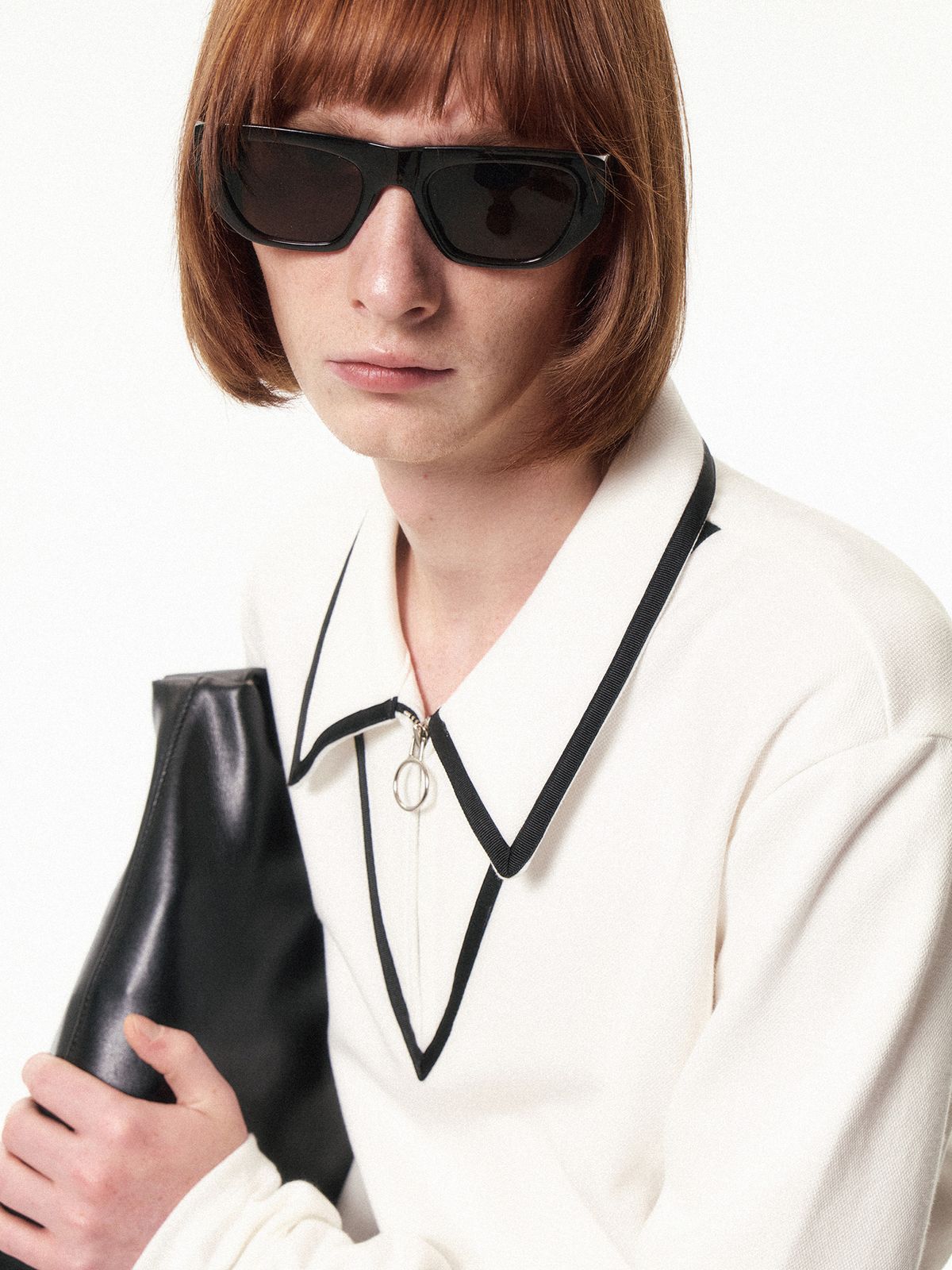 쿠르베(COURBE) Long Sleeve Zip Polo Shirt (White)