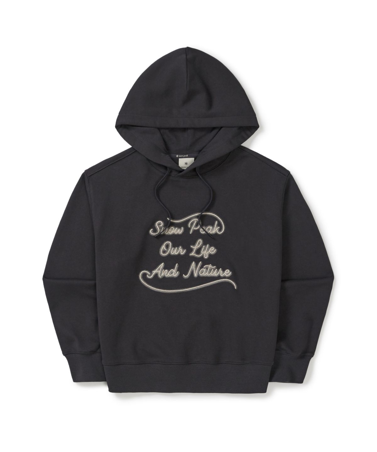 스노우피크 어패럴(SNOWPEAK APPAREL) 여성 레터링 세미크롭 후드 티셔츠 (S25FWFHD63) Dark Charcoal