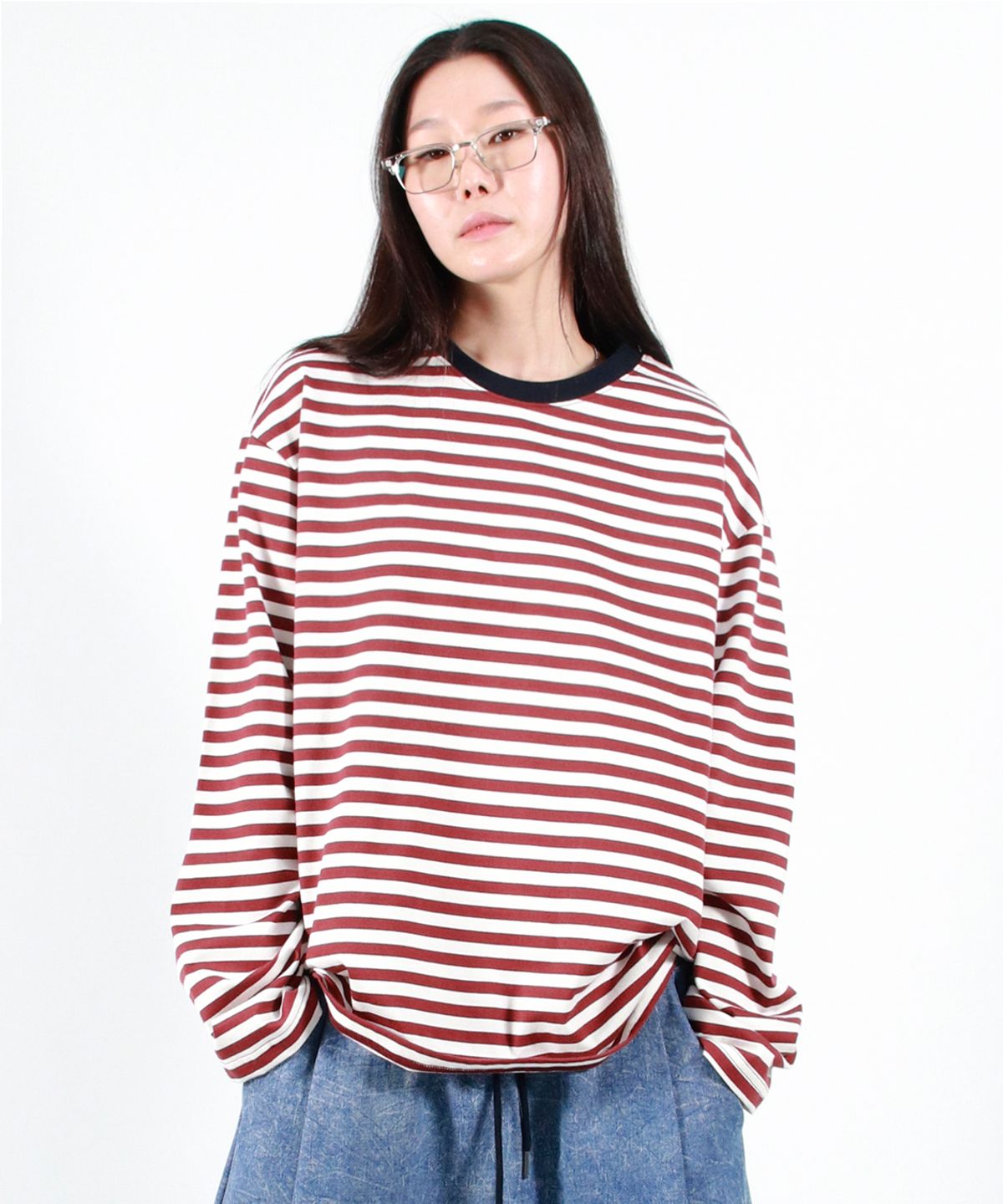 드마크(DEMARC) STRIPE LOOSE-FIT LONG SLEEVE TEE -  burgundy
