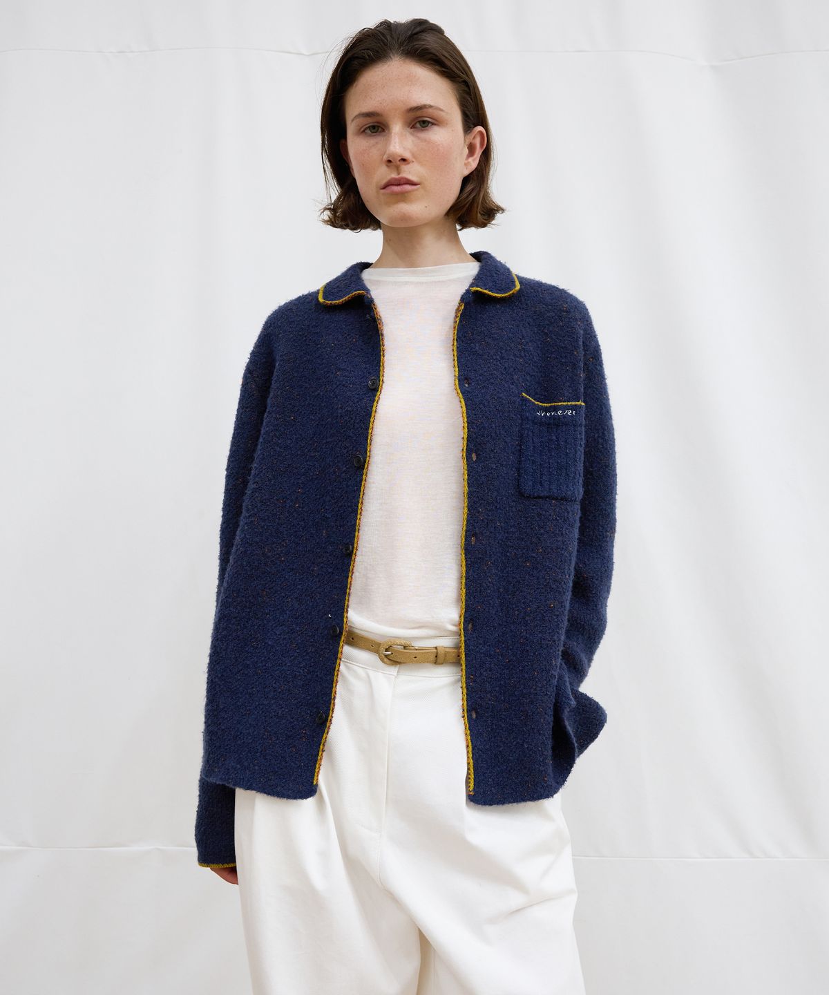 르바(LEVAR) Double Jacquard Knit Cardigan - Night Blue
