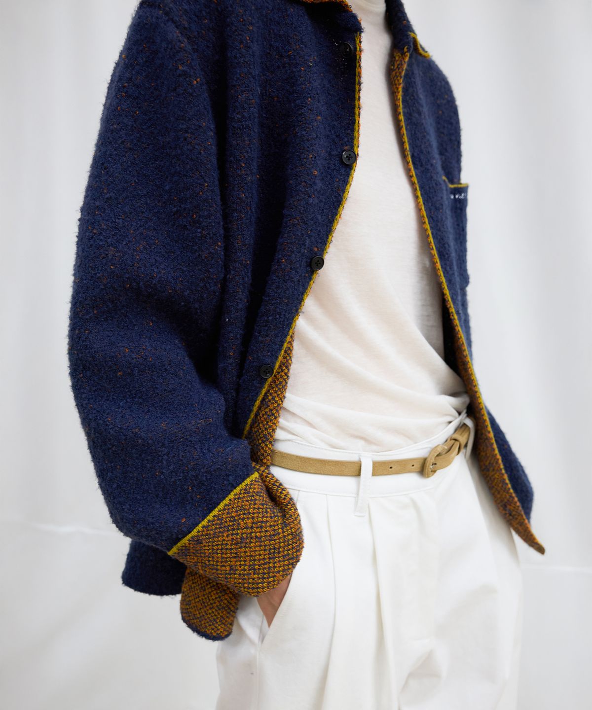 르바(LEVAR) Double Jacquard Knit Cardigan - Night Blue