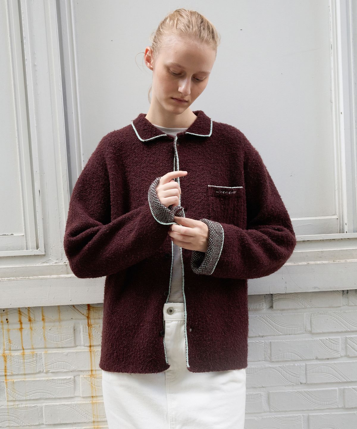 르바(LEVAR) Double Jacquard Knit Cardigan - Dusky Burgundy