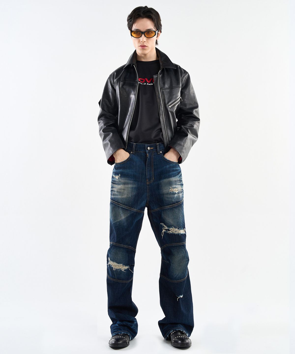 월드딜레마(WORLDDILEMA) Racer Knee Line Washing Denim Pants (Dark Blue)