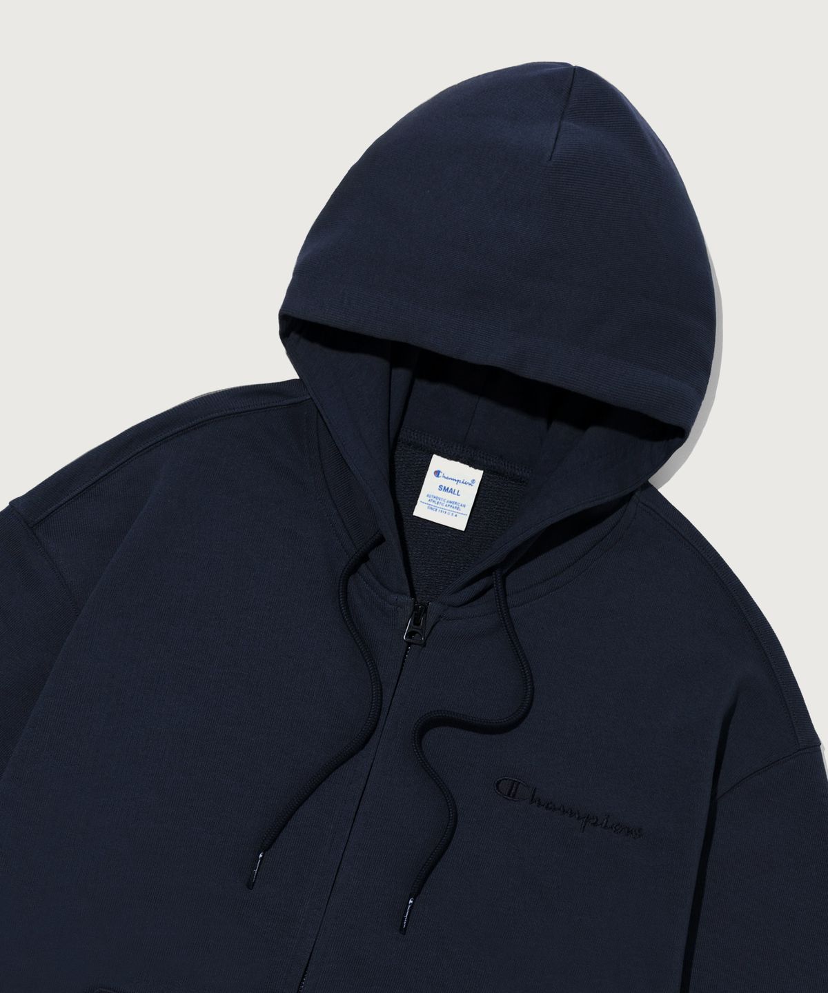 챔피온(CHAMPION) 스몰 로고 루즈핏 후드 집업 Navy