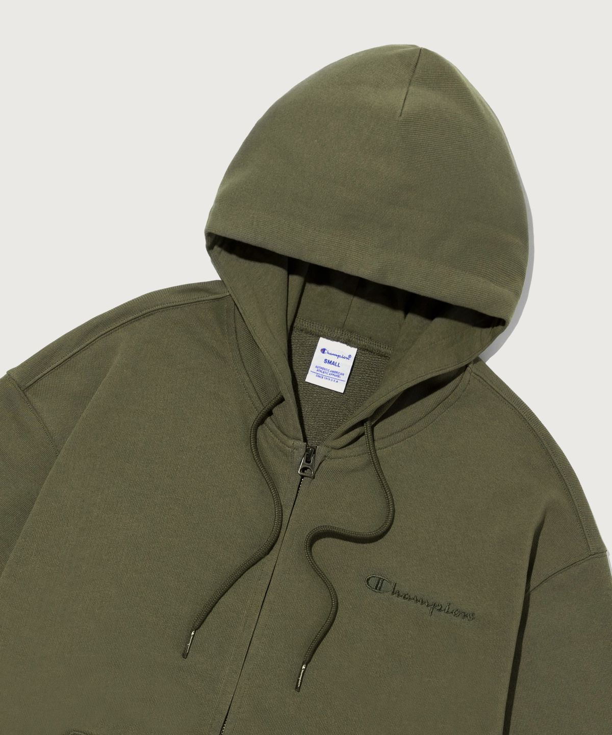 챔피온(CHAMPION) 스몰 로고 루즈핏 후드 집업 Khaki