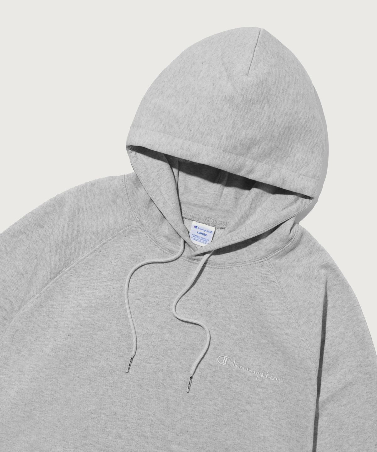 챔피온(CHAMPION) 스몰 로고 루즈핏 후드 티셔츠 Grey