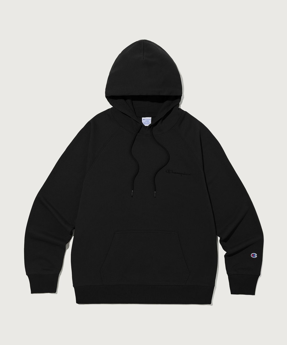 챔피온(CHAMPION) 스몰 로고 루즈핏 후드 티셔츠 Black