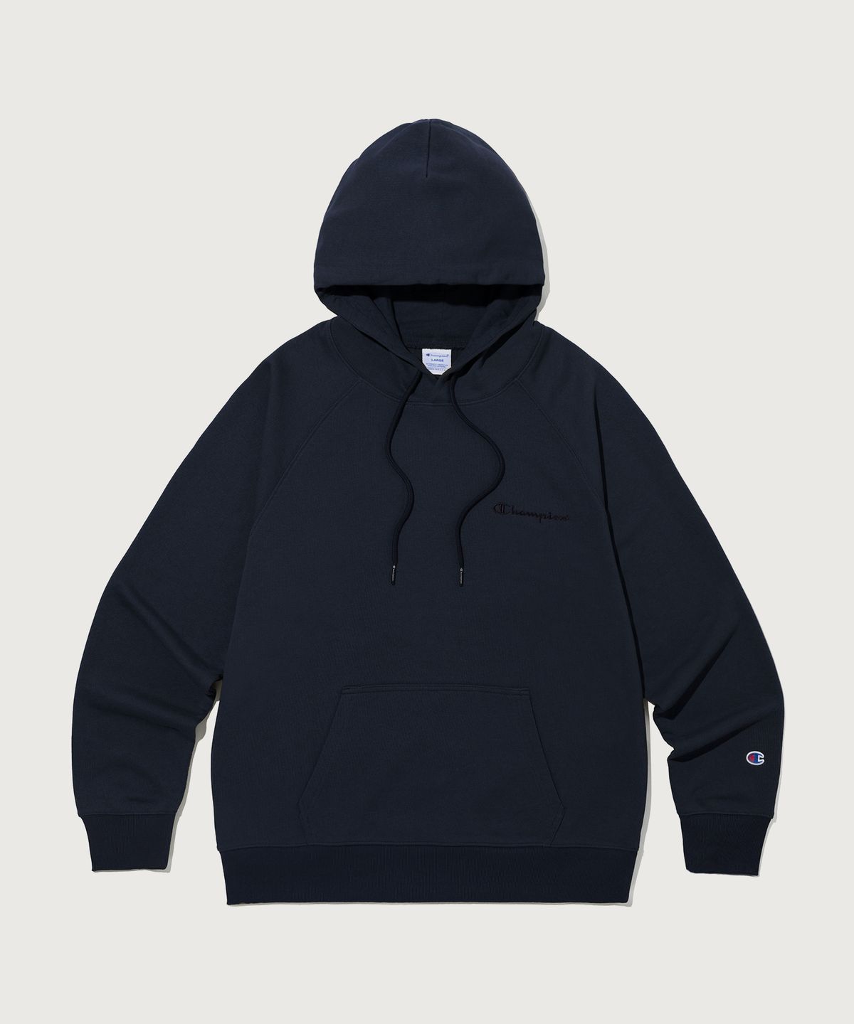 챔피온(CHAMPION) 스몰 로고 루즈핏 후드 티셔츠 Navy