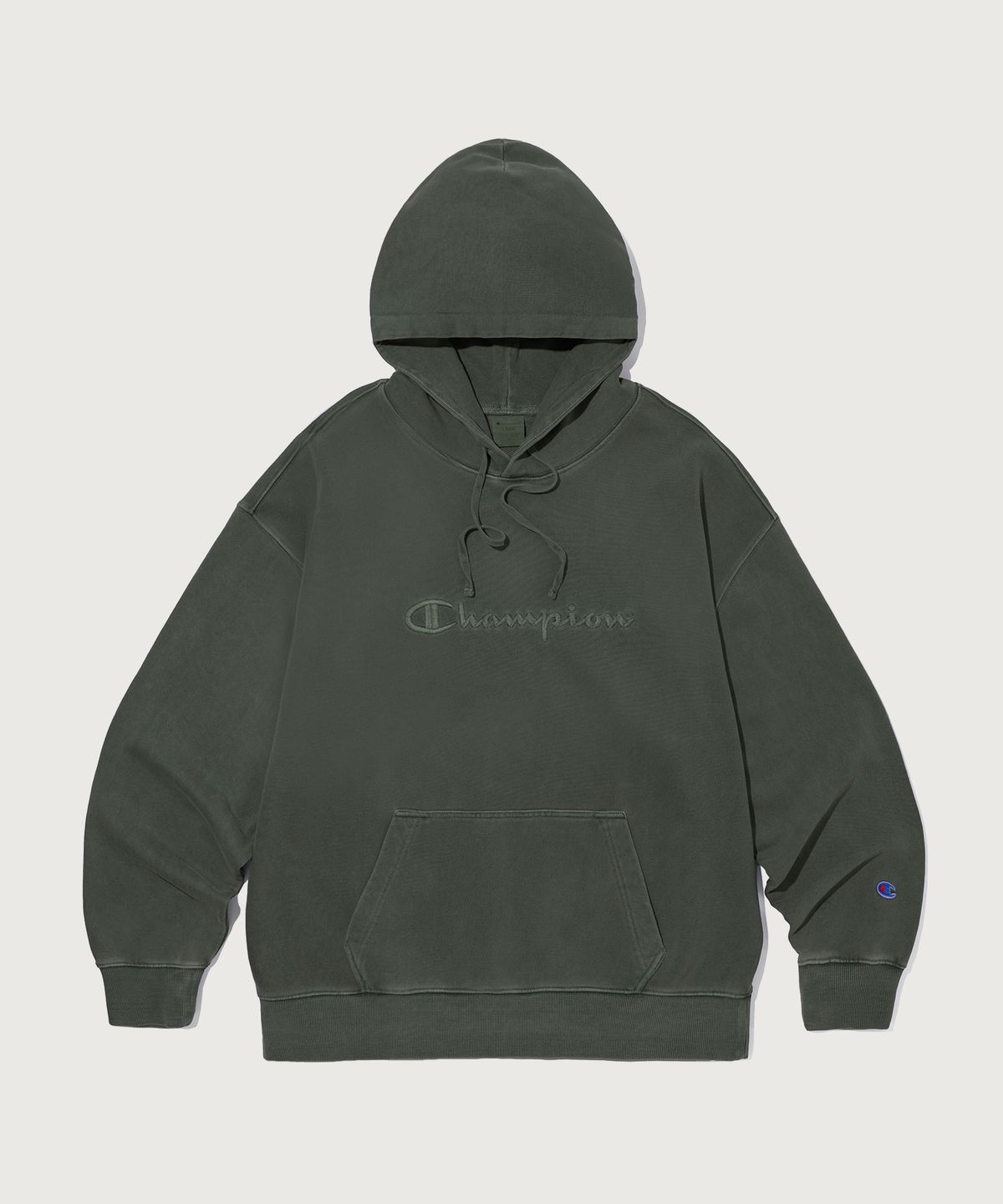 챔피온(CHAMPION) 빅 로고 피그먼트 오버핏 후드 티셔츠 Green