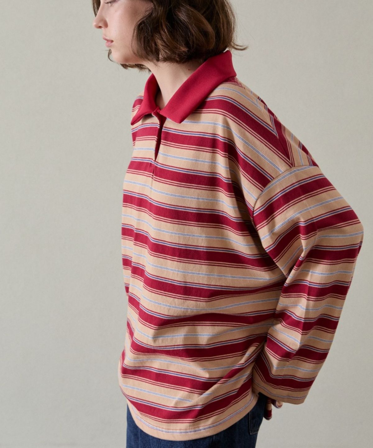 위오이(WIOE) Wioe Overfit Stripe Collar Tshirt_Red