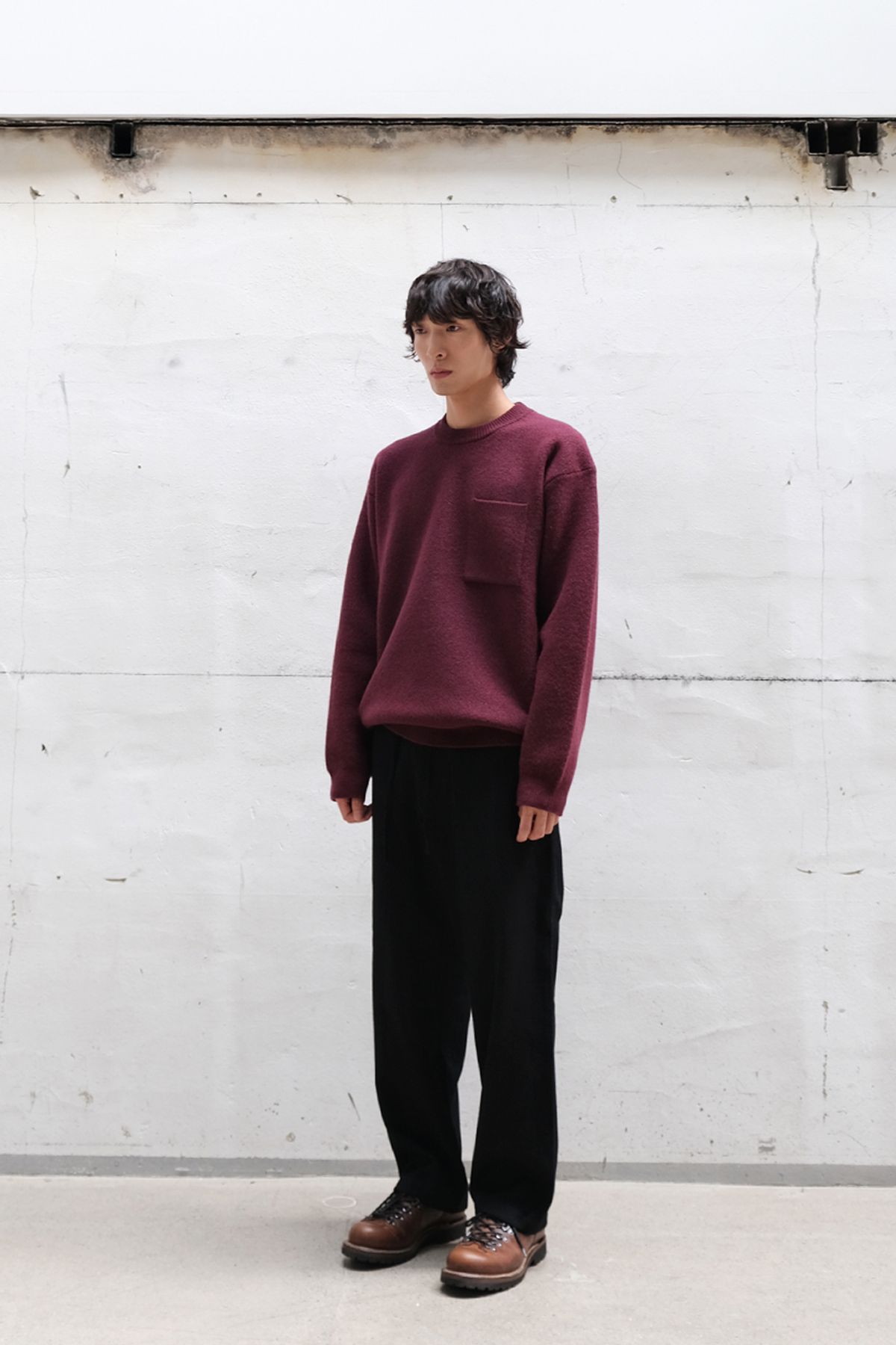 홀리선(HORLISUN) Northyork Boiled Wool Crewneck Knit Melange Burgundy
