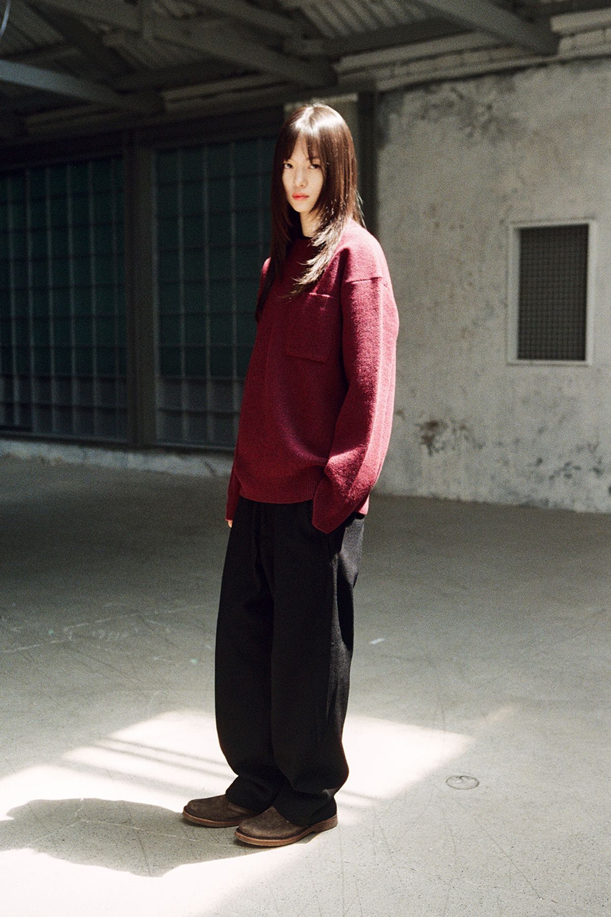 홀리선(HORLISUN) Northyork Boiled Wool Crewneck Knit Melange Burgundy