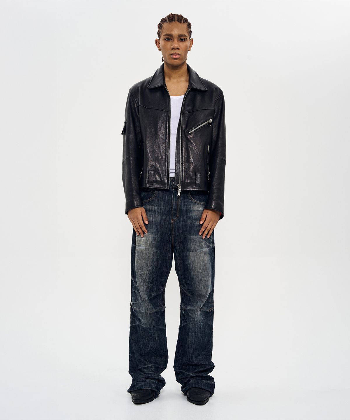 월드딜레마(WORLDDILEMA) Cow Leather Biker Jacket (Black)
