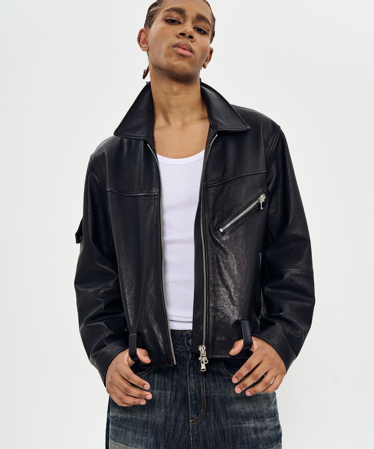월드딜레마(WORLDDILEMA) Cow Leather Biker Jacket (Black)
