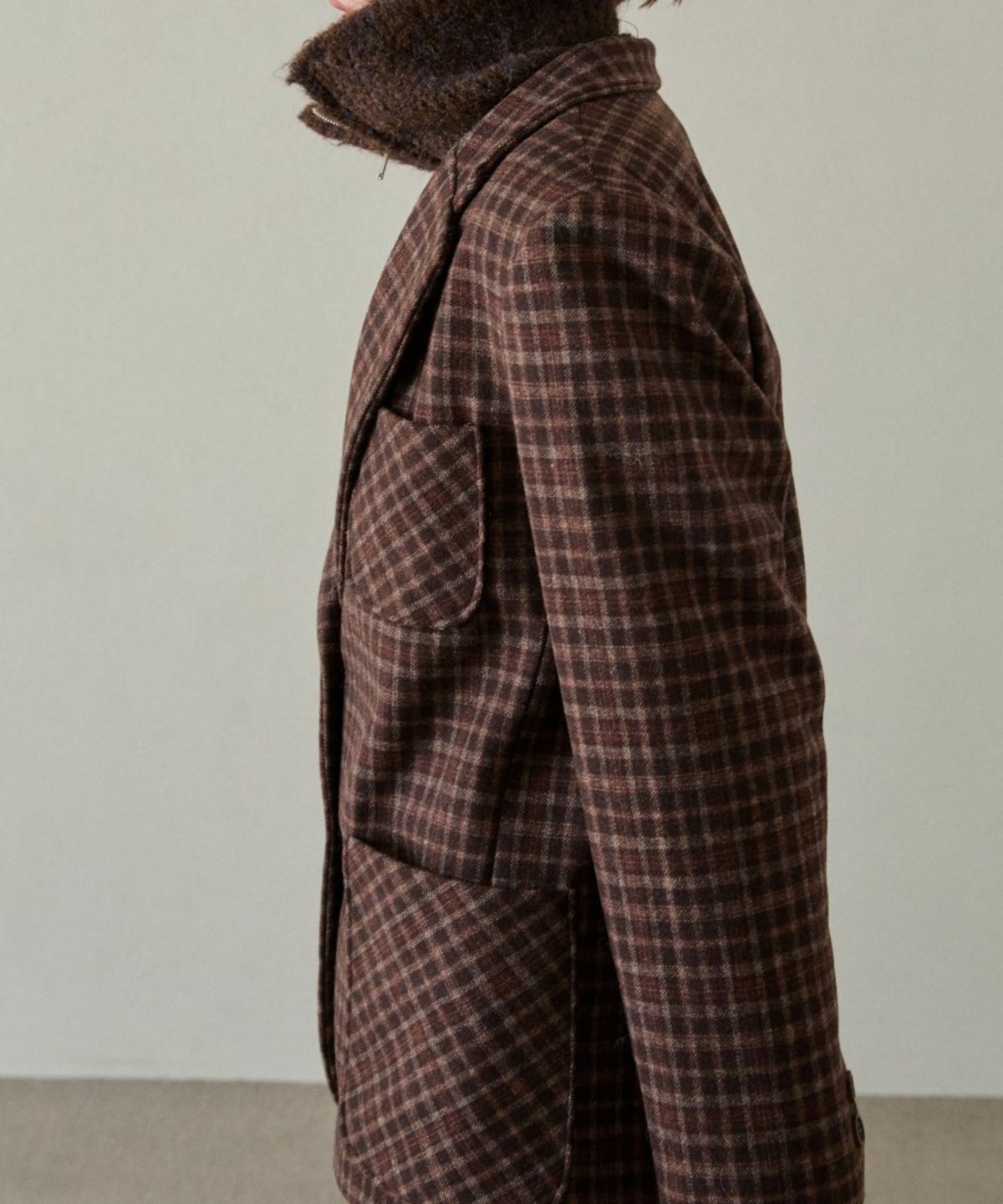 위오이(WIOE) Overfit Vintage Check Wool Blazer_Brown