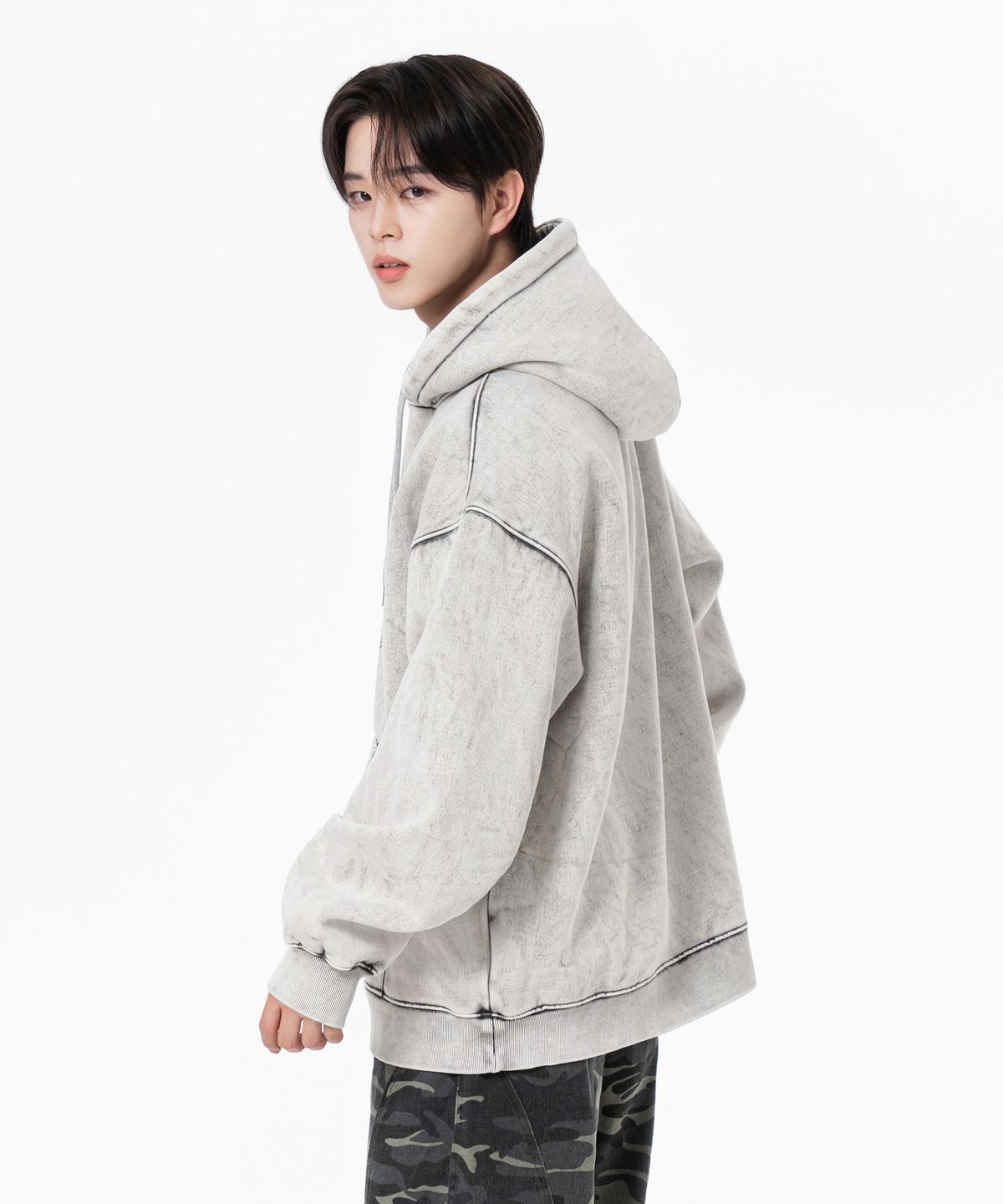 모즈모즈(MOZMOZ) 노이즈번 더티워싱 오버핏 기모 후드 그레이