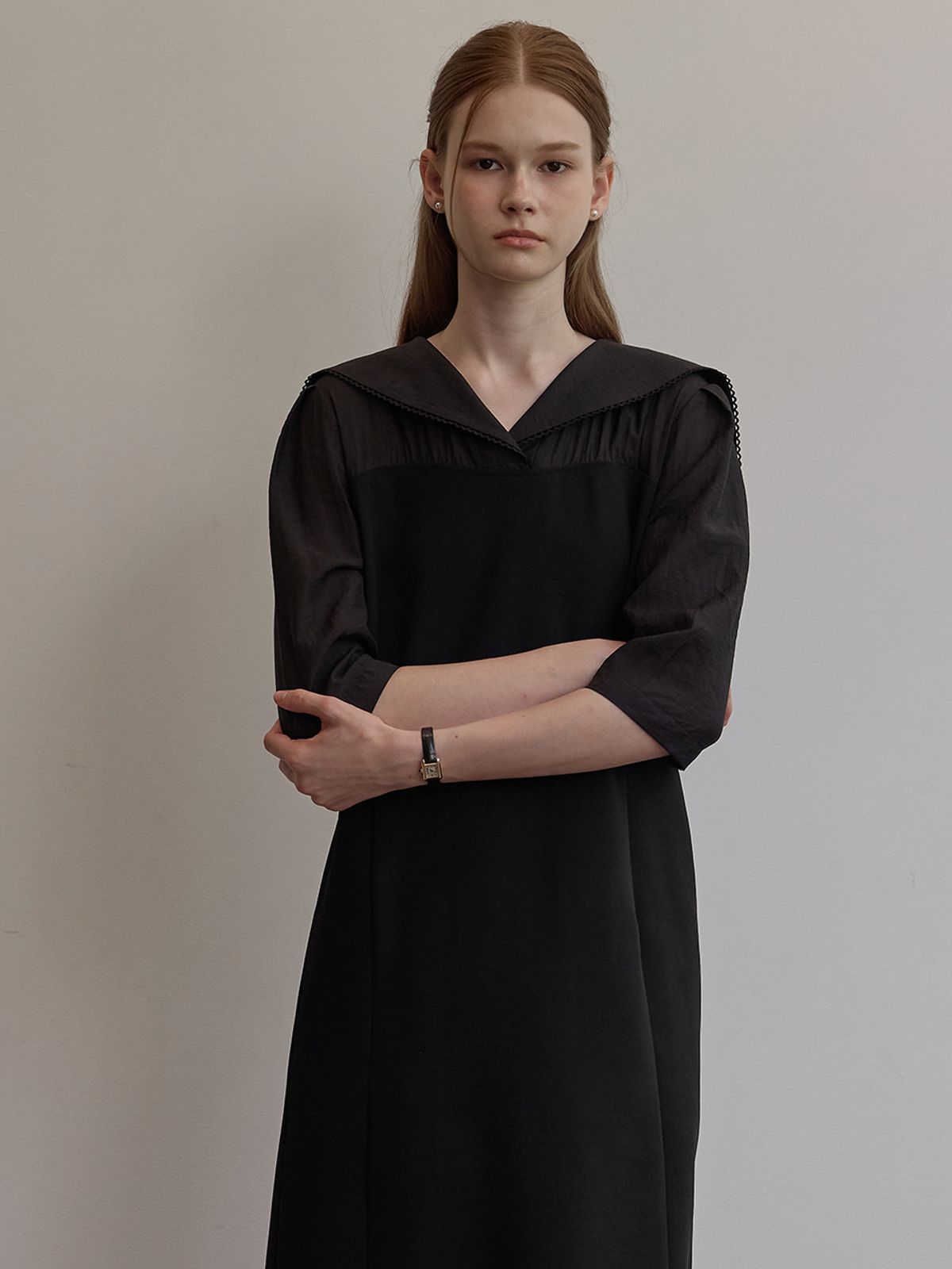 비뮤즈맨션(BEMUSE MANSION) Sailor shirt layered dress - Black