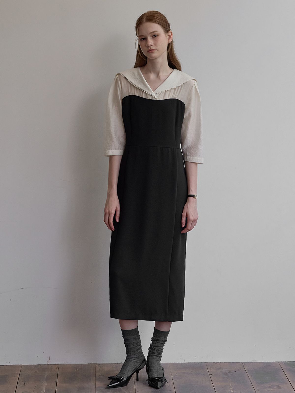 비뮤즈맨션(BEMUSE MANSION) Sailor shirt layered dress - Black