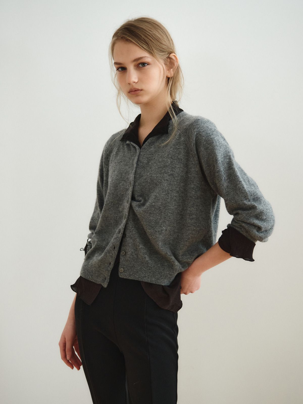 리플레인(REPLAIN) CASHMERE BLEND ROUND CARDIGAN_GREY