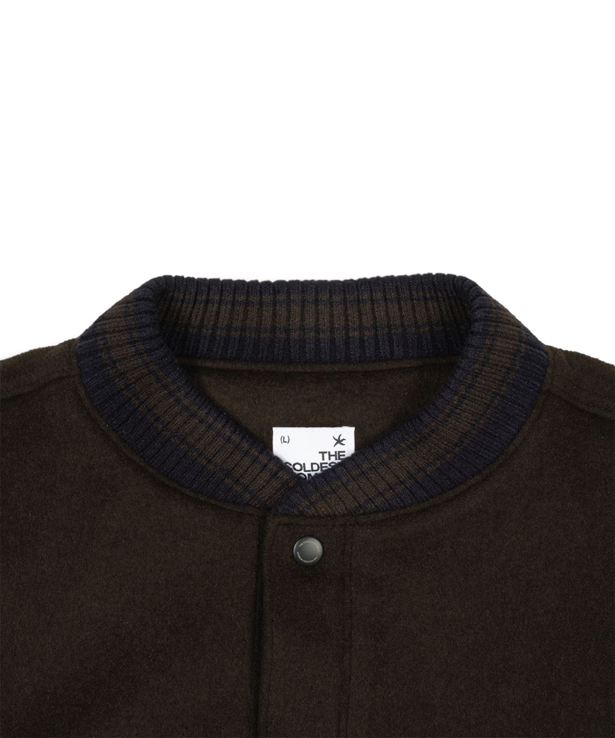 더콜디스트모먼트(THE COLDEST MOMENT) TCM mini logo varsity jacket (brown/navy)