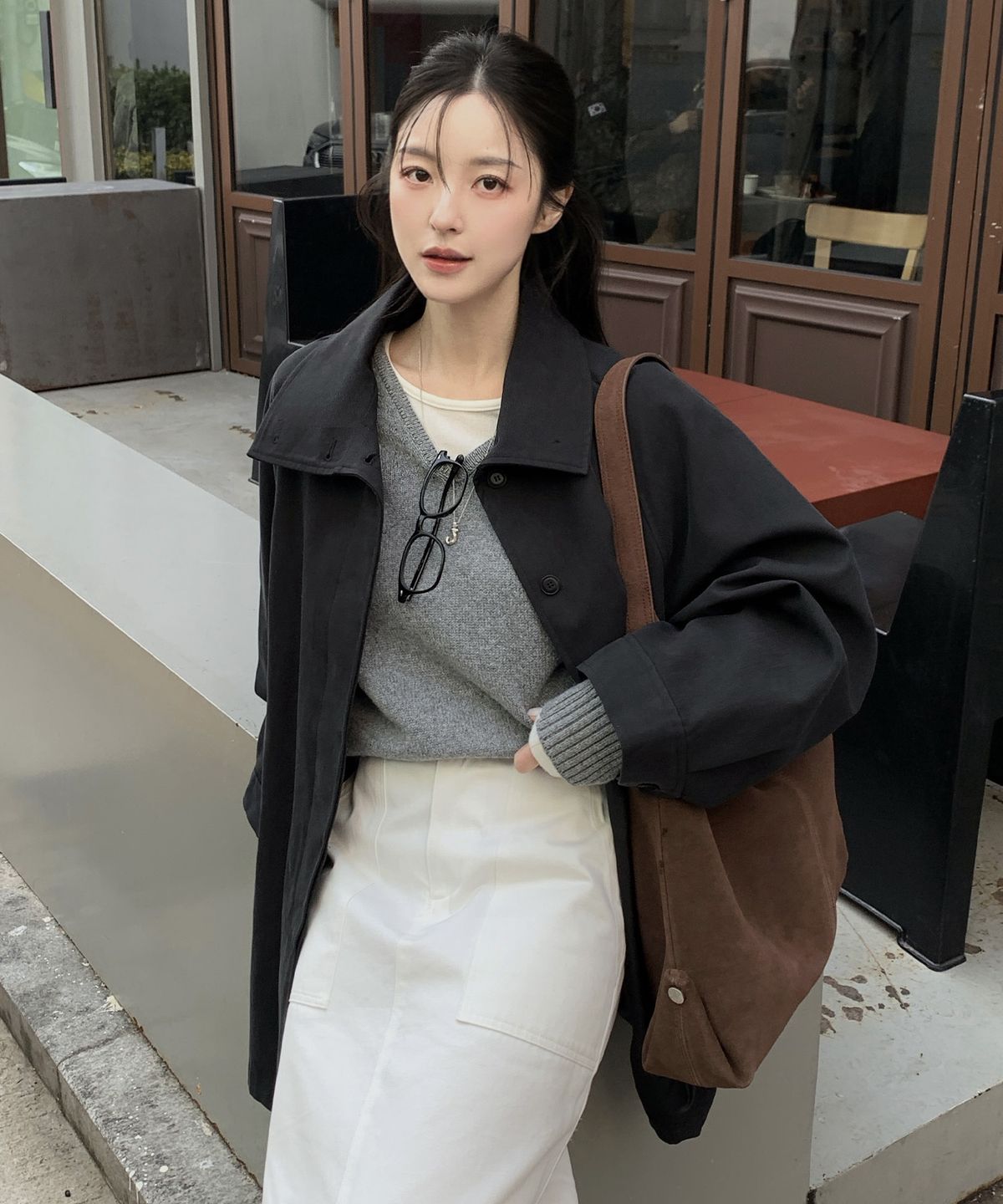 시야쥬(SIYAZU) SIOT4152 하이넥 하프 트렌치 코트_Charcoal