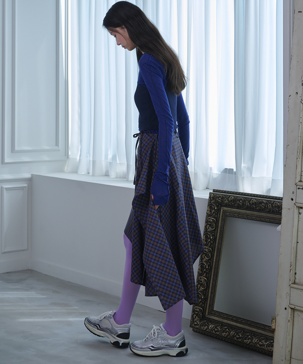 오프닝선샤인(OPENING SUNSHINE) 언발란스 레이어드 체크 스커트 블루