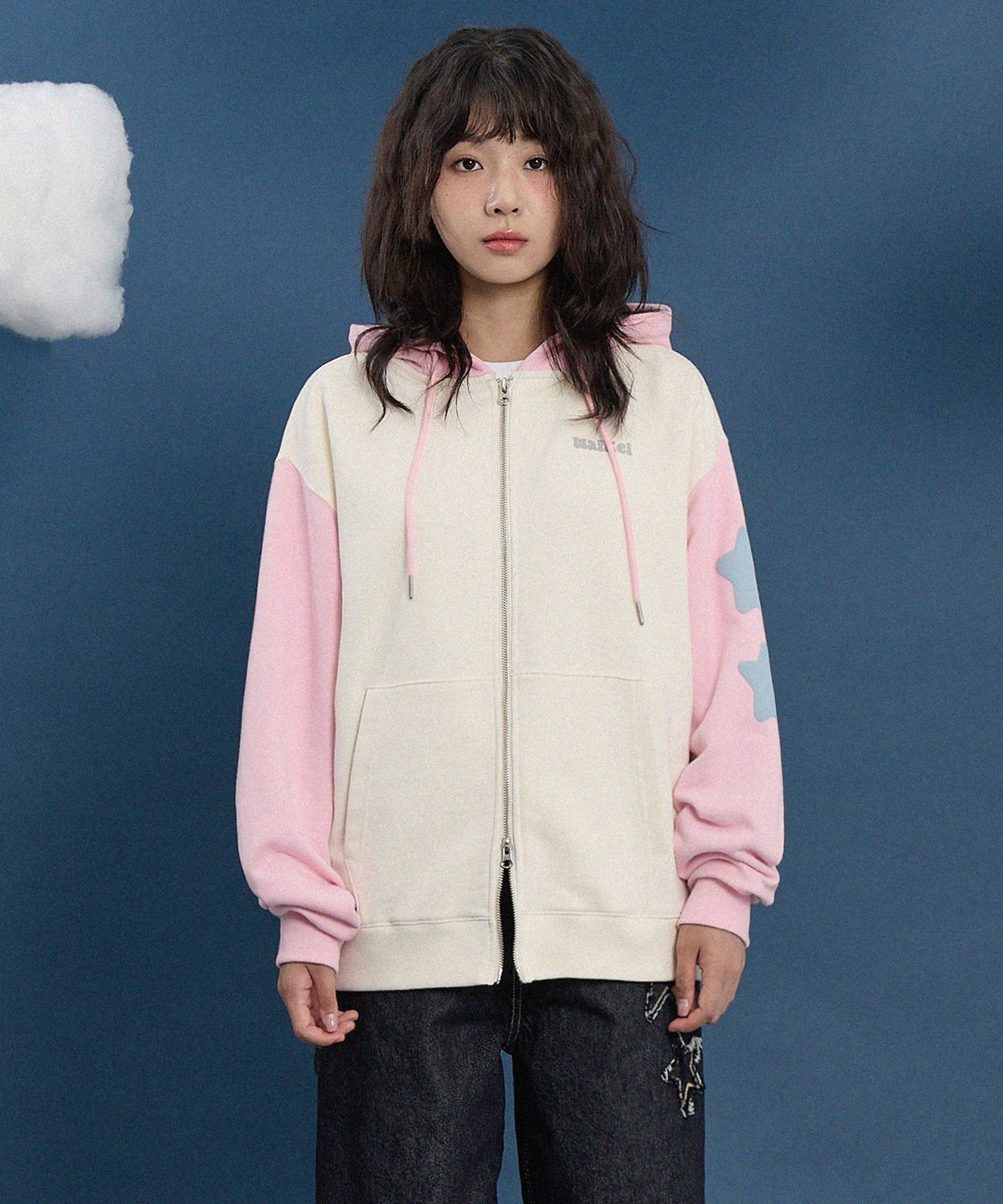 와이케이(WAIKEI) 컬러블록 스타 댄싱 후드 집업 아이보리