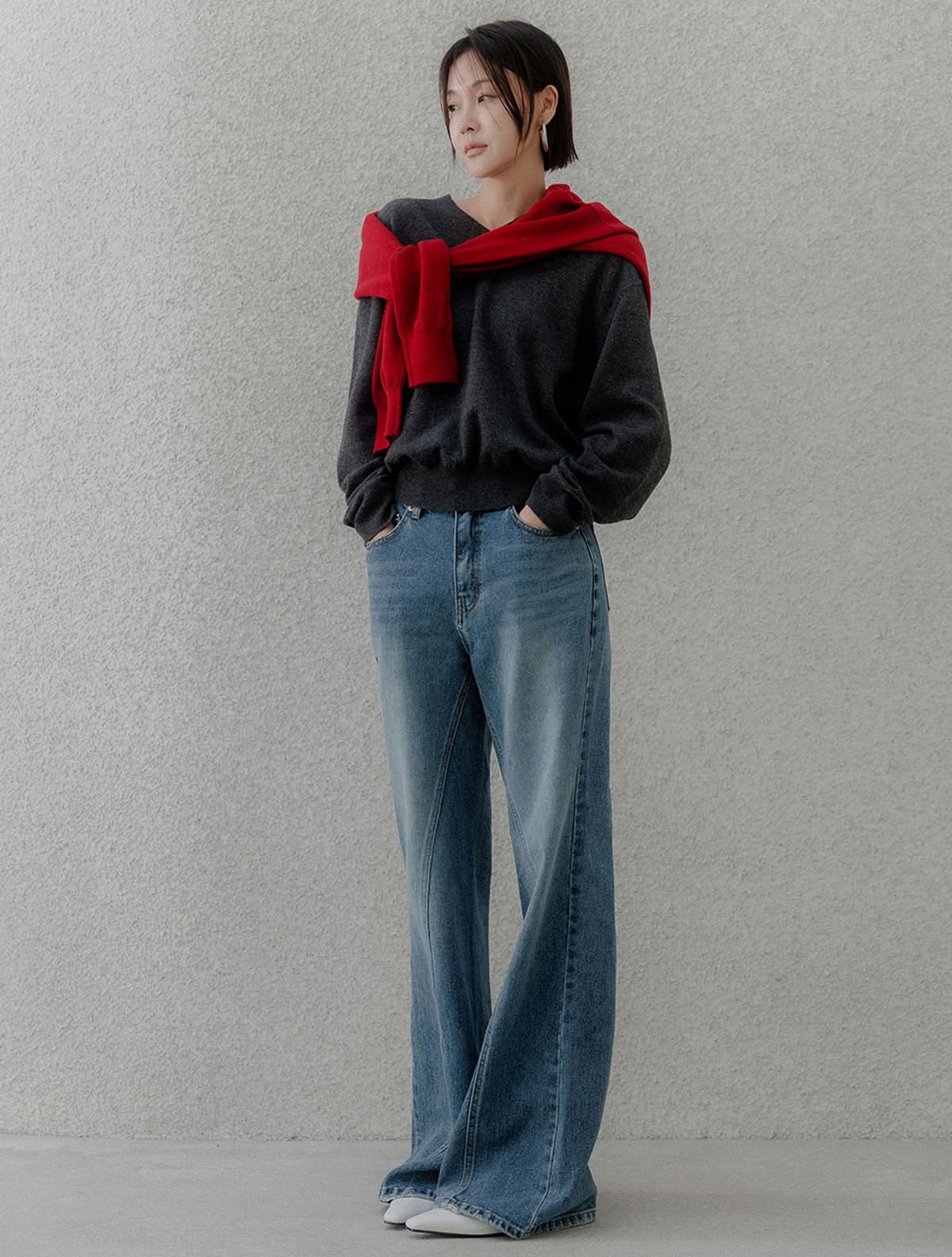 메무아(MEMUA) 로으 절개라인 와이드플레어 데님