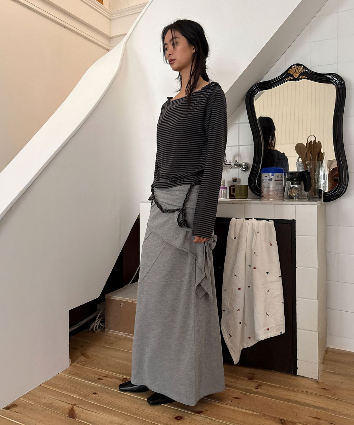 다이애그널(DIAGONAL) DOUBLE LAYERED LONG DRESS (melange grey)