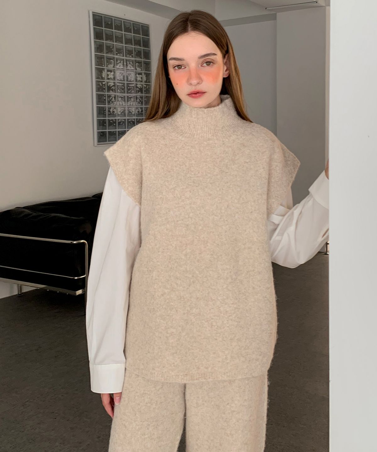 바스카라(VASCARA) [SET] Ronnie High-neck Top+Wide Pants Knit Set-up (3colors)