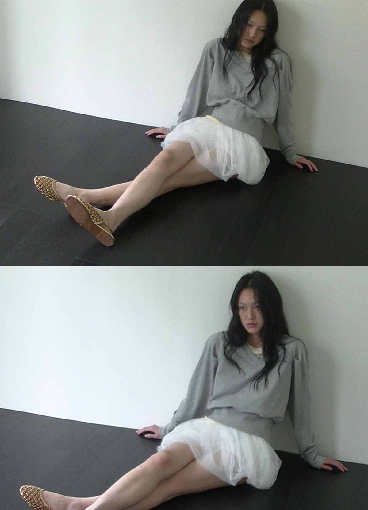 얀시시(YAHNSISI) 브이넥 퍼프 스웻셔츠 - 멜란지 그레이