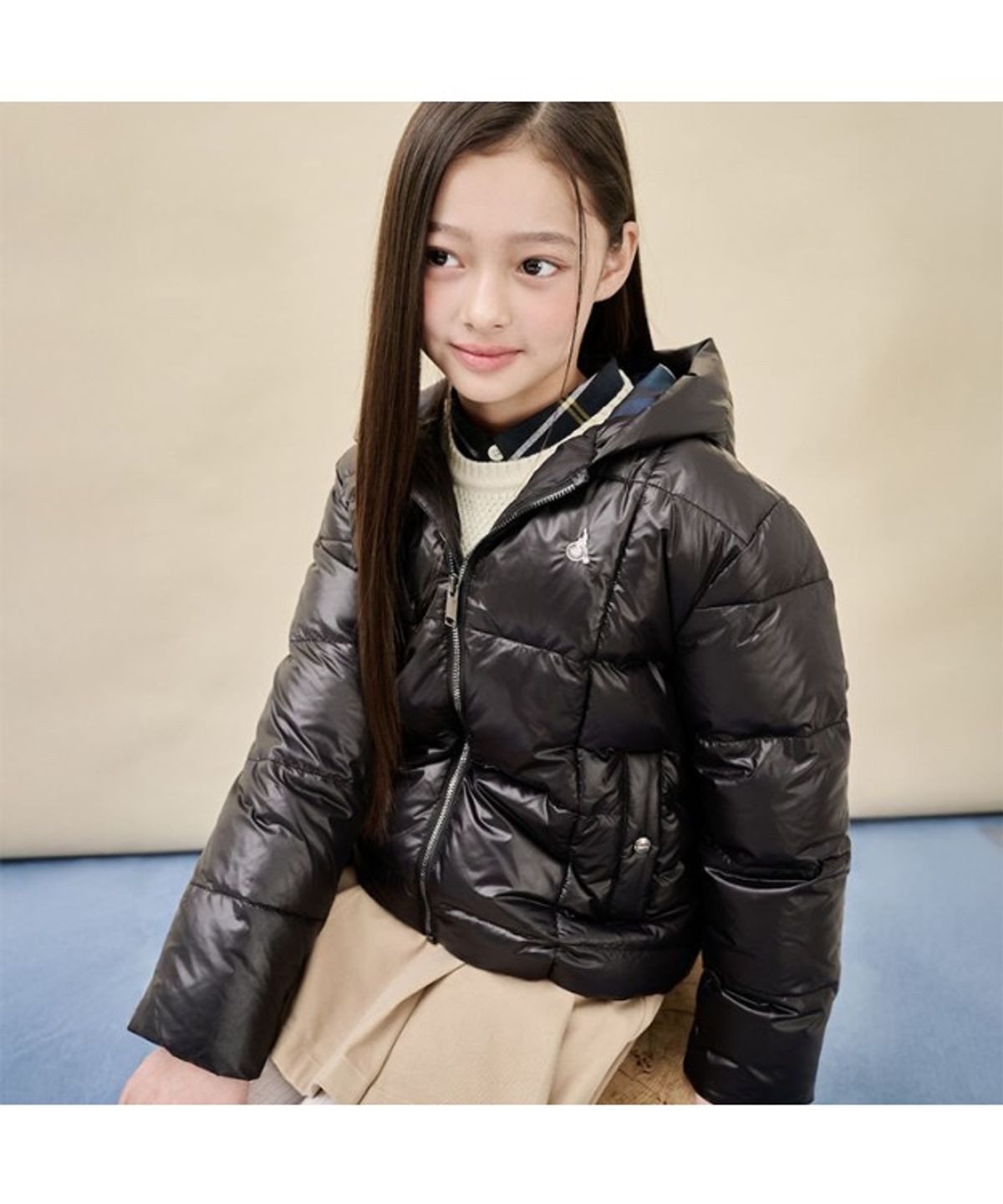 빈폴 키즈(BEANPOLE KIDS) 덕다운 체크 후드 경량 패딩  블랙 (BI5938U075)