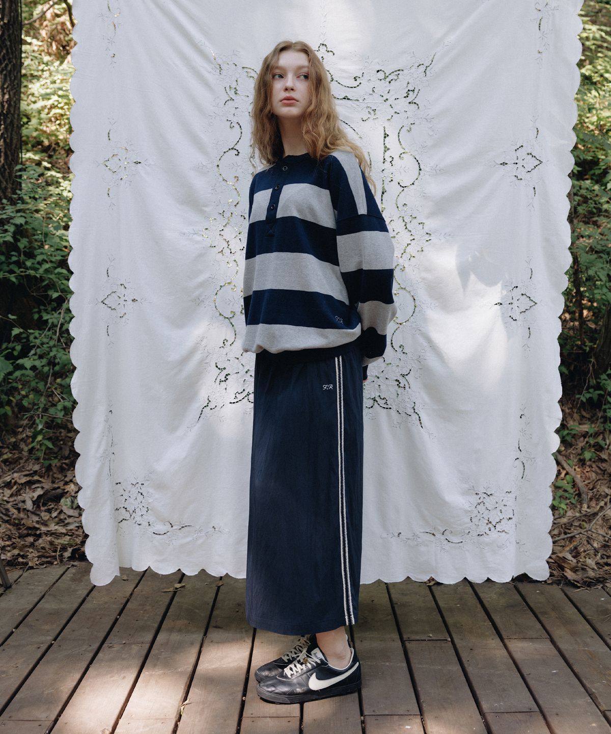 프리터(FRITUR) Weaving Lace Track Skirt Navy_F253SK03