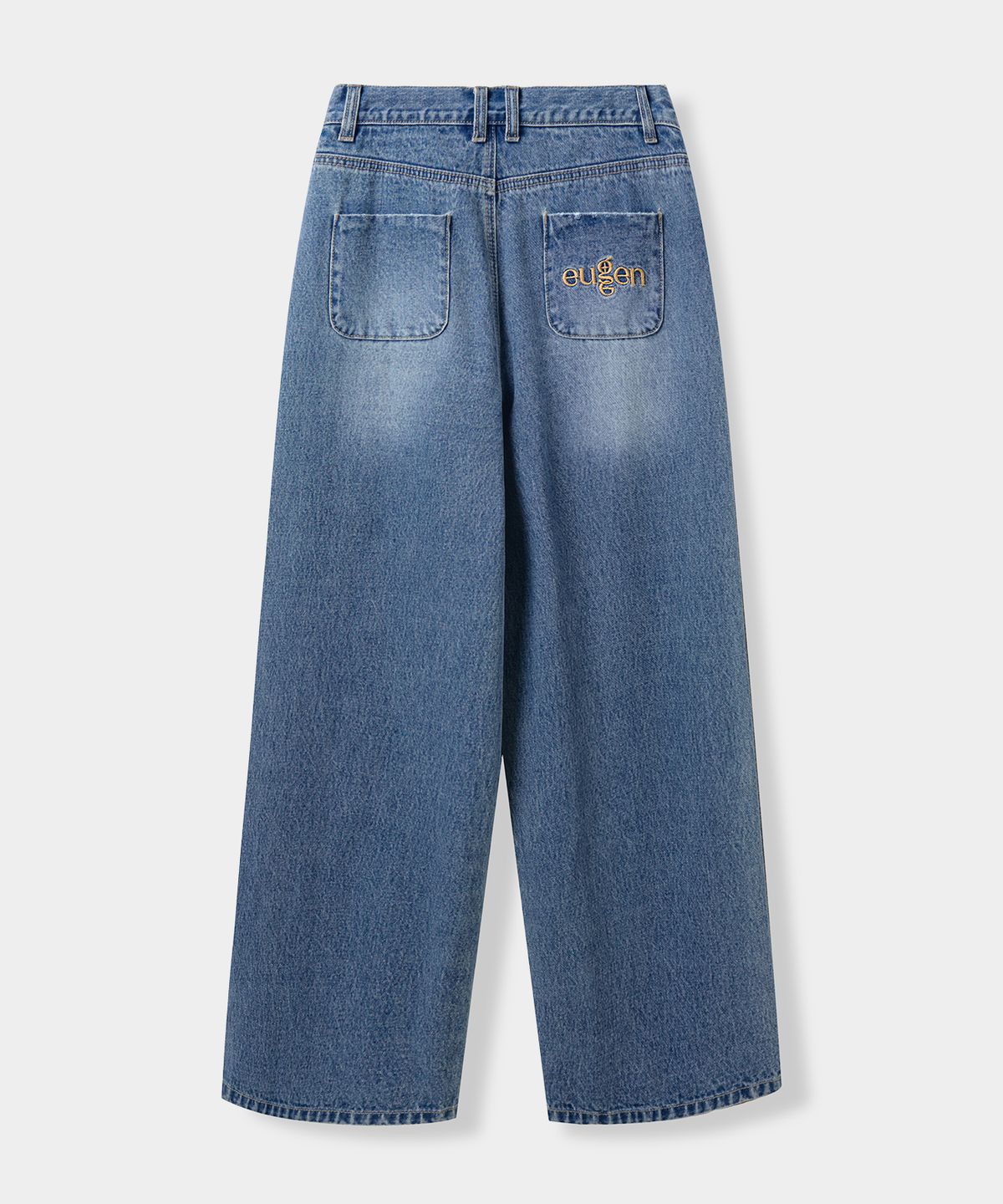 유젠(EUGGEN) 백 로고 슬래쉬 와이드 데님 팬츠_라이트 인디고