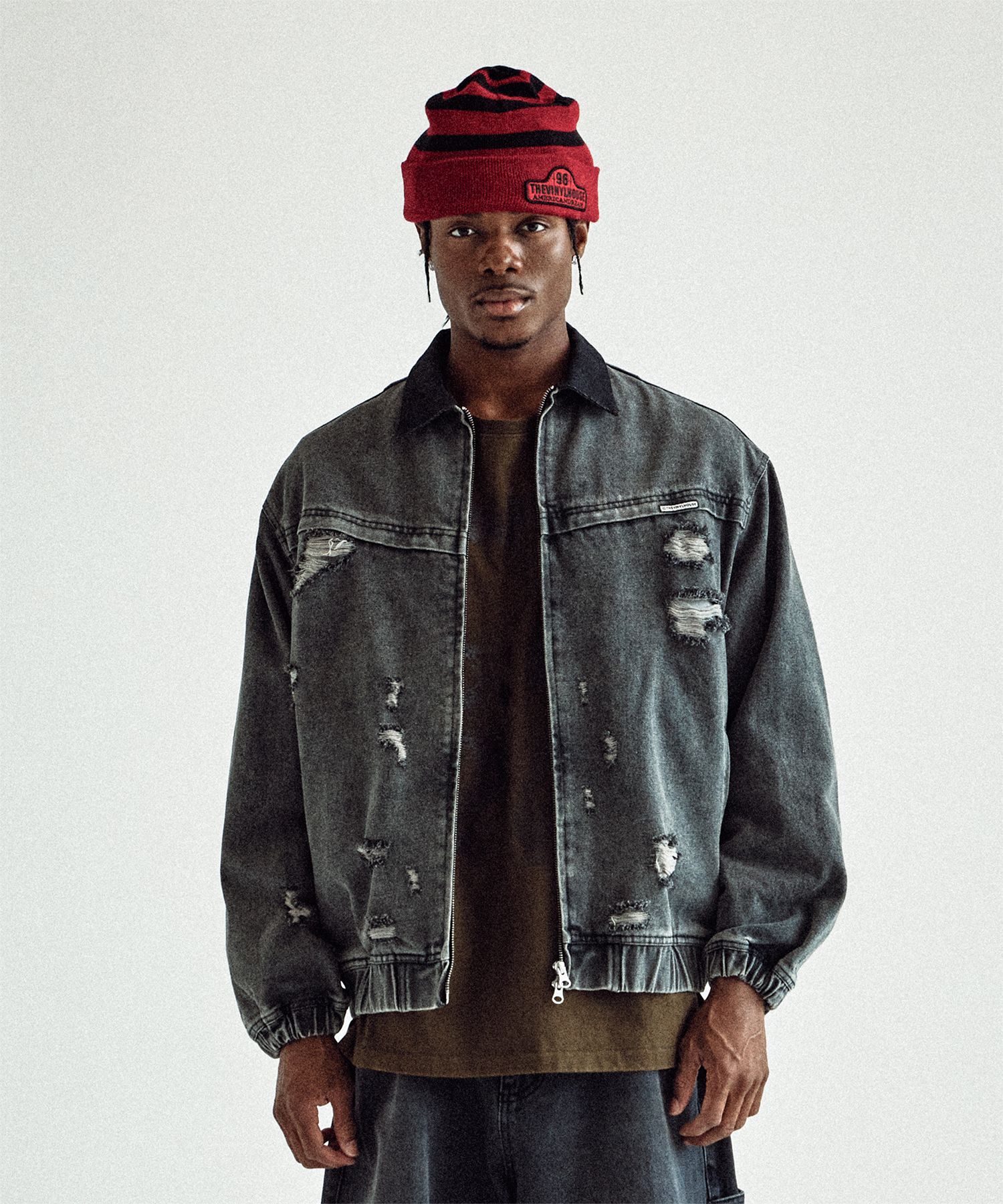 MUSINSA | THEVINYLHOUSE DESTROYED DENIM ZIPUP JACKET BLACK